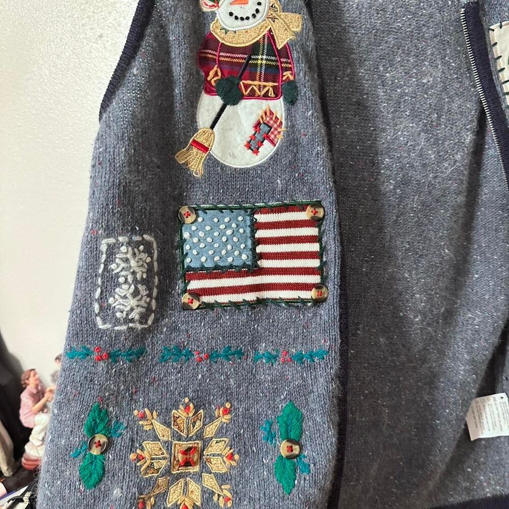 Grey Vintage 90s Snowman Winter Sweater Vest CottageCore - Picture 5 of 6